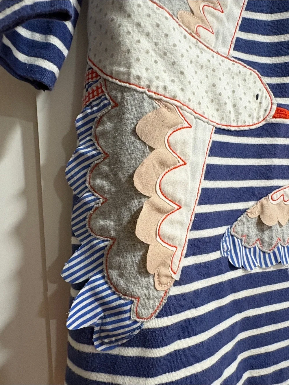 VGUC Mini Boden Navy Stripe Birds Appliqué Dress size 3-4
